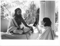 Interviewing Baba Sri Padaji Maharaj, founder of Vraja Academy, Vrindavan, India, 1984.