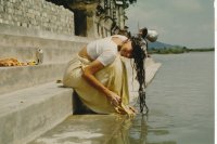 Washing hair in river Ganges, Hardwar, India, 1982.