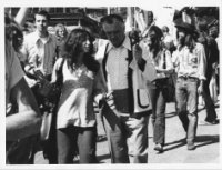 Walking in “Save the Whales” demonstration during the first UN Conference on the Human Environment, Stockholm, Sweden; speaking with UN Conference Chair Maurice Strong, 1972.