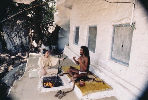 Interviewing Yogi Ramagyadas while staying with him in his Elephant Cave in Mount Abu, India, 1986.